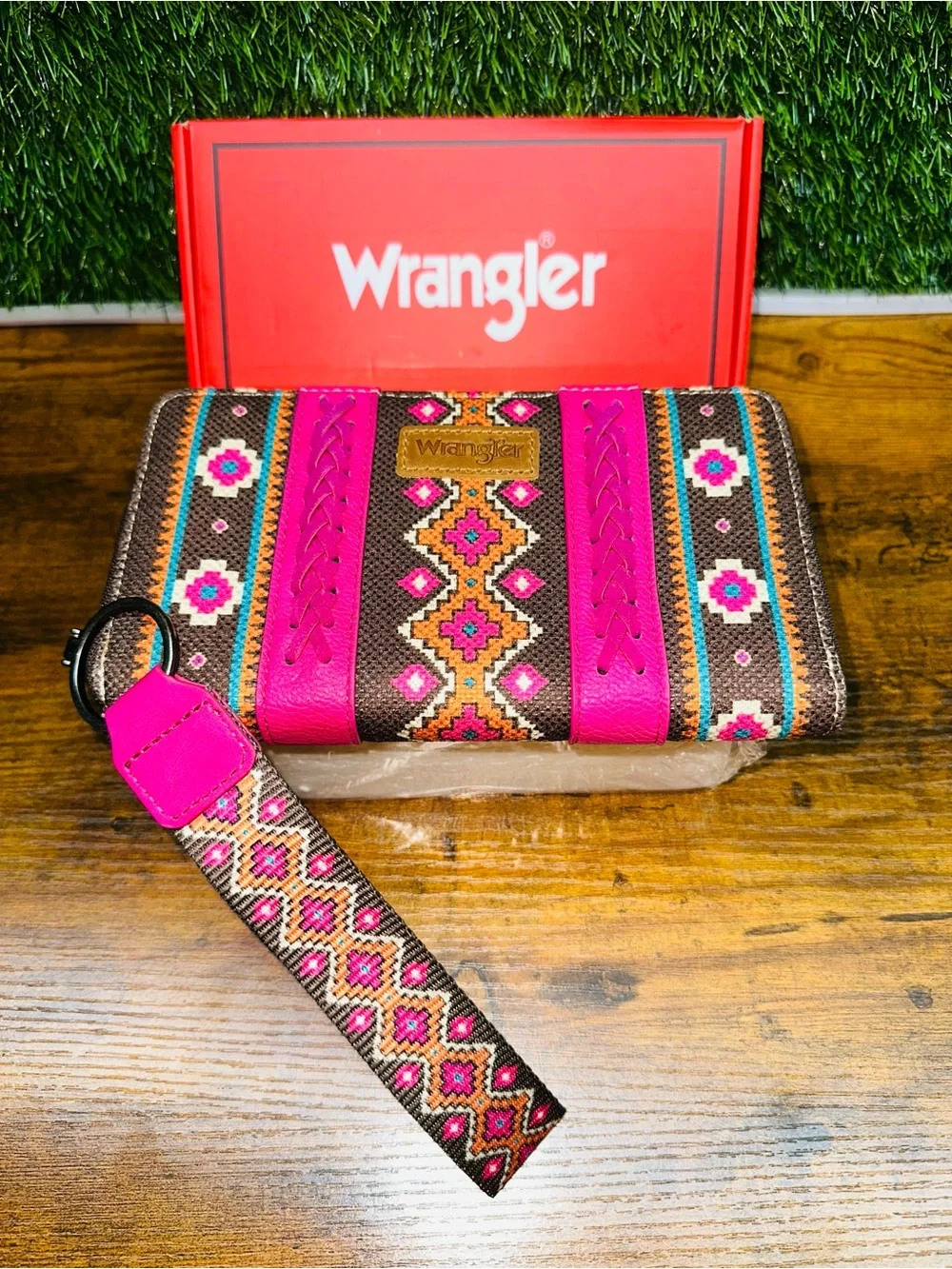 Wrangler Pink and Brown Embroidered Wristlet Wallet with Strap